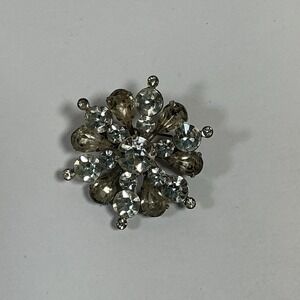 Vintage 60s Coro Clear Round Rhinestone Brooch Pin‎ Silver Tone Signed